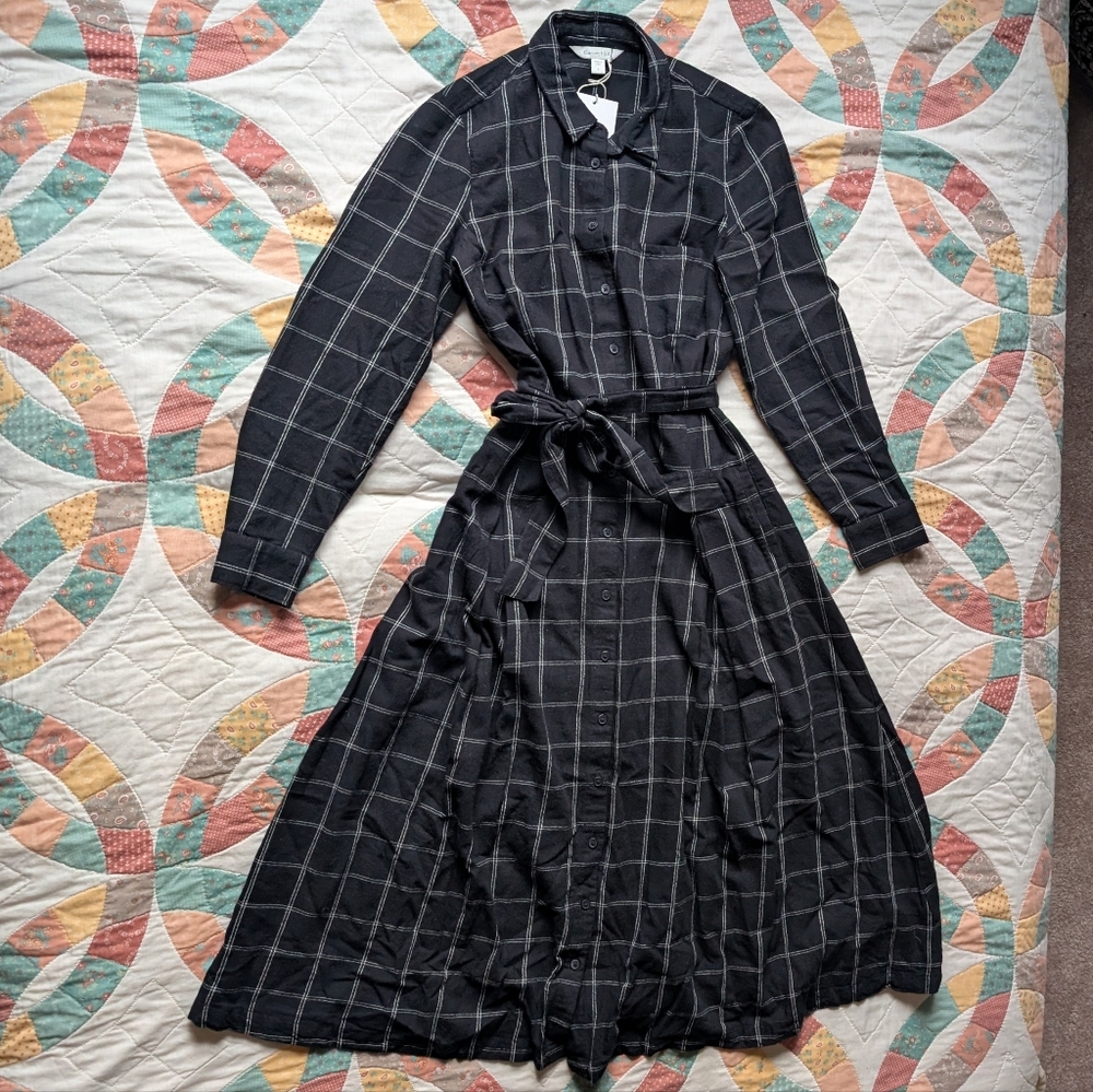 NWT Black Plaid Organic Cotton Midi Dress Garnet Hill